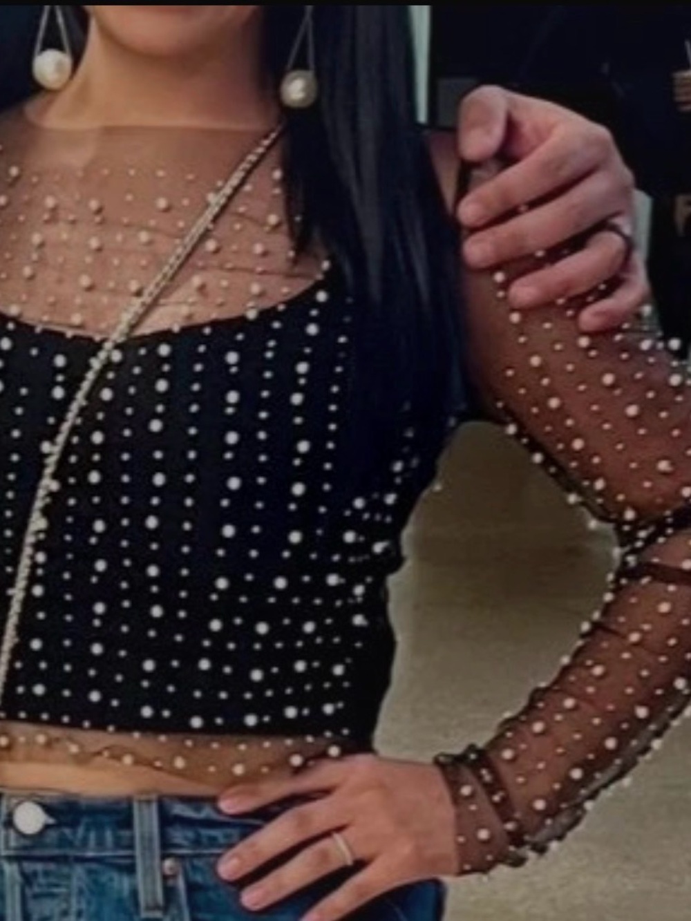 white birch Black Sheer Pearl-Trim Long Sleeve Crop Top